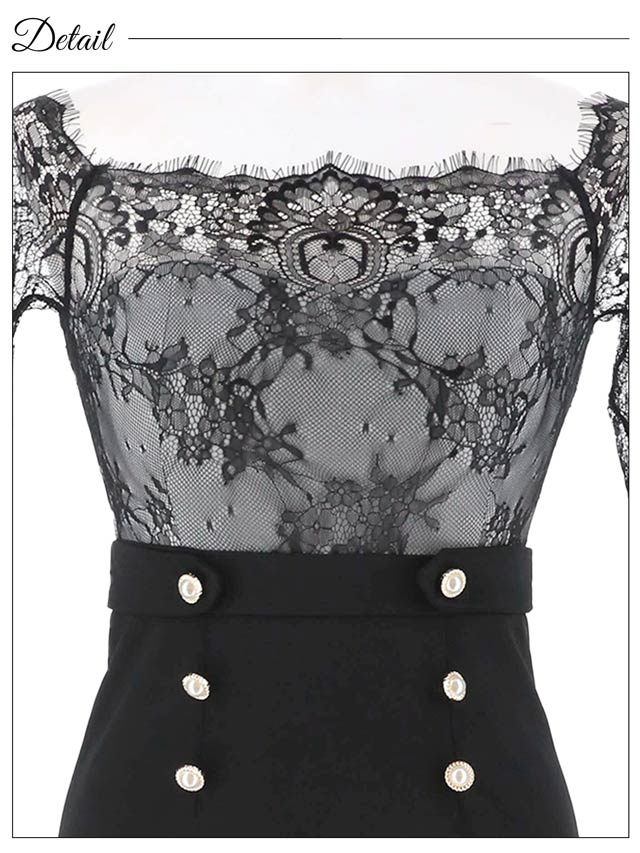 明日花キララ着用[SMLサイズ]シアーレースダブルパールビジューオフショルマーメイドミニドレス[3サイズ展開]