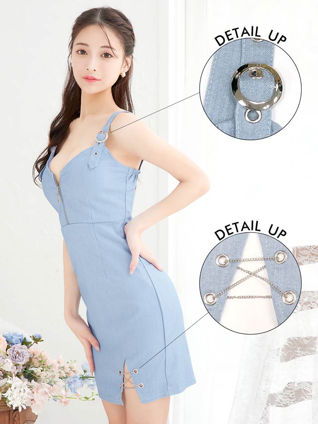 フロントジップデニムスリットチェーンベルトノースリーブタイトミニドレス[XS〜L/4サイズ展開]
