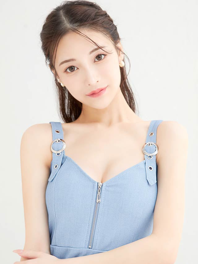 フロントジップデニムスリットチェーンベルトノースリーブタイトミニドレス[XS〜L/4サイズ展開]