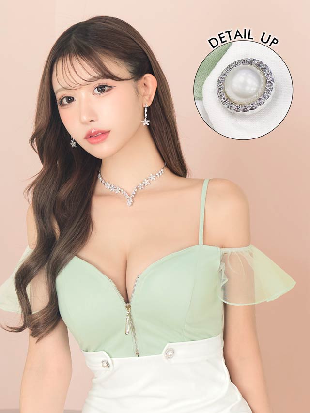 バイカラーシアーフリルオフショルフロントジップタイトミニドレス[SML/3サイズ展開][伊藤桃々着用]