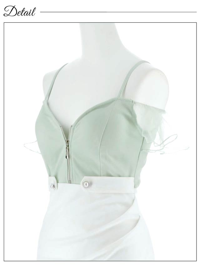 バイカラーシアーフリルオフショルフロントジップタイトミニドレス[SML/3サイズ展開][伊藤桃々着用]