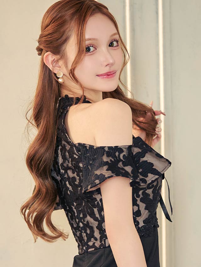 [SMLサイズ]ヌーディレースアップフリルオープンショルダータイトミニドレス[3サイズ展開]