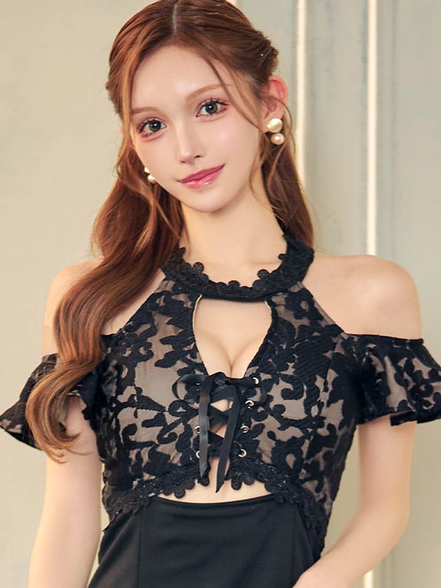 [SMLサイズ]ヌーディレースアップフリルオープンショルダータイトミニドレス[3サイズ展開]