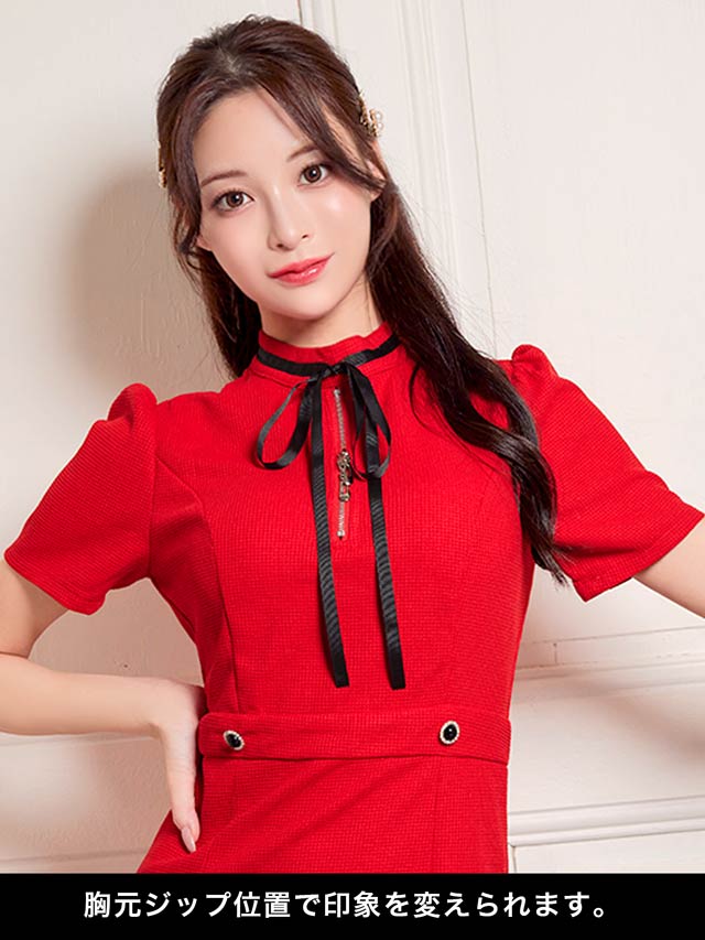 ハイネックバイカラーリボン半袖ファスナータイトミニドレス[SML/3サイズ展開]