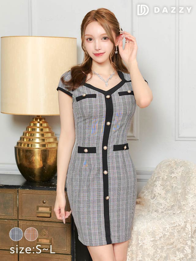 パールボタンチェック柄フロントライン半袖タイトミニドレス[SML/3サイズ展開]