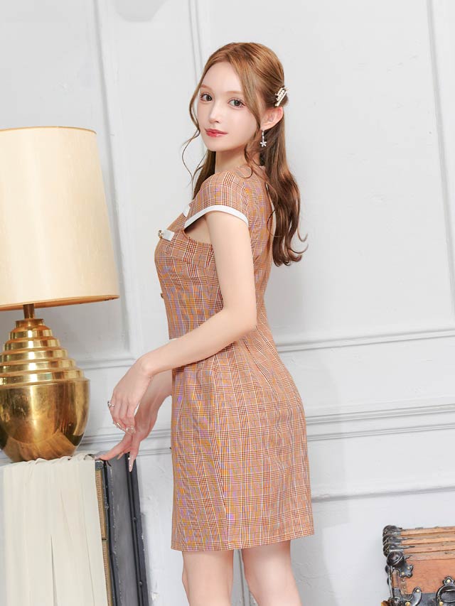 パールボタンチェック柄フロントライン半袖タイトミニドレス[SML/3サイズ展開]