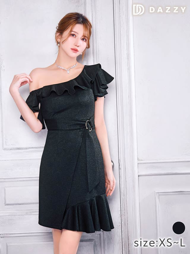 5/28新作!ワンショルダーベルトモチーフアシメフリルミニドレス[XS~L/4サイズ展開]