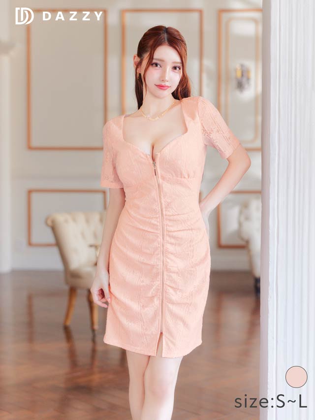 総レースフロントジップシアー半袖タイトミニドレス[SML/3サイズ展開]