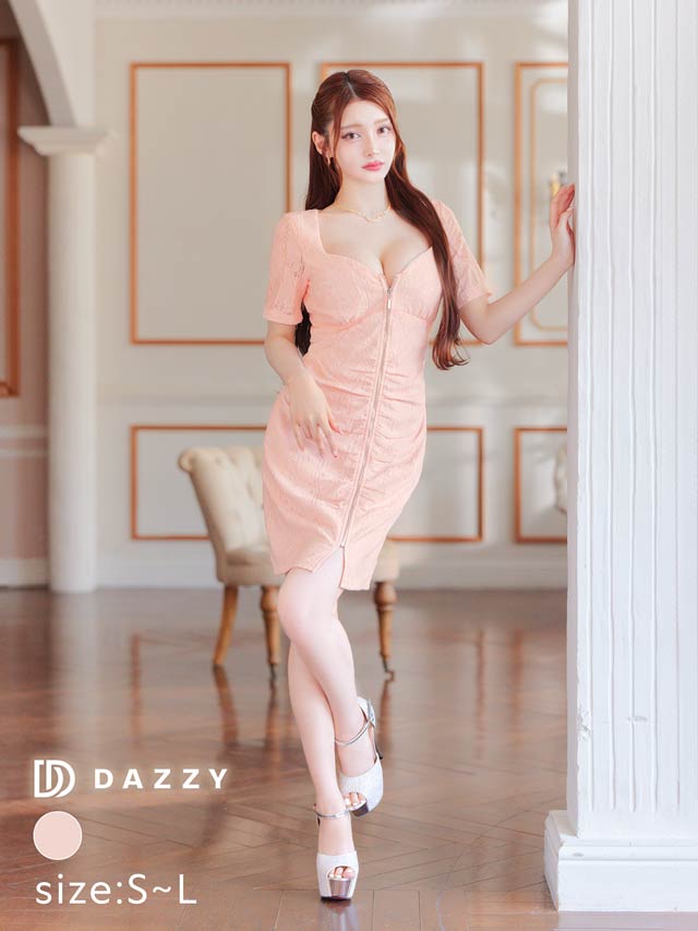 総レースフロントジップシアー半袖タイトミニドレス[SML/3サイズ展開]