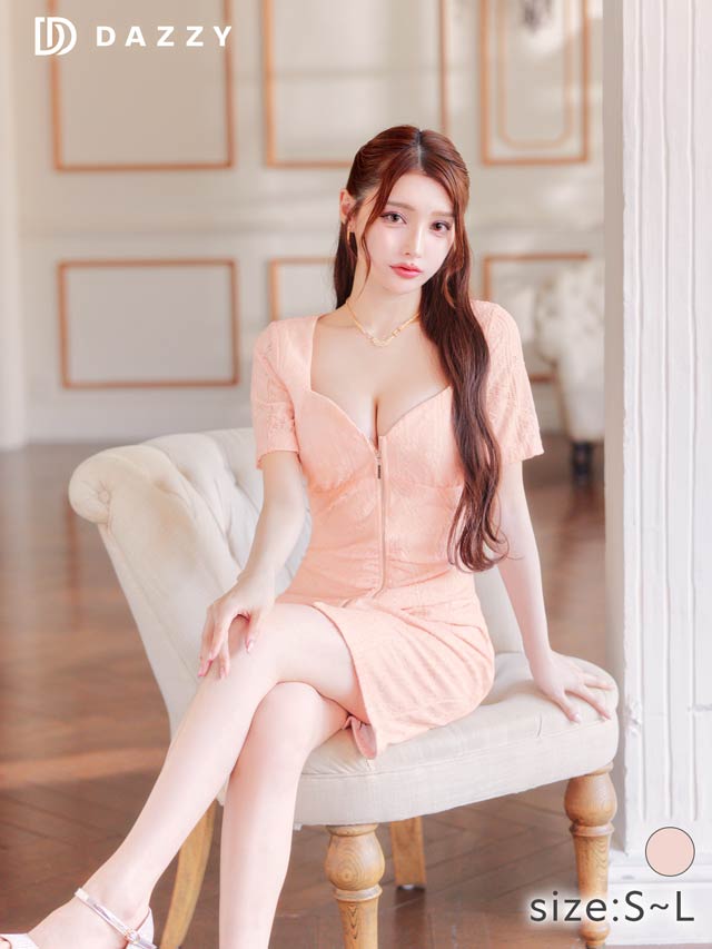 総レースフロントジップシアー半袖タイトミニドレス[SML/3サイズ展開]