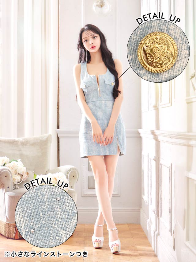 8/1新作!ラインストーンデニムファスナーノースリーブタイトミニドレス[SML/3サイズ展開][伊藤桃々着用]