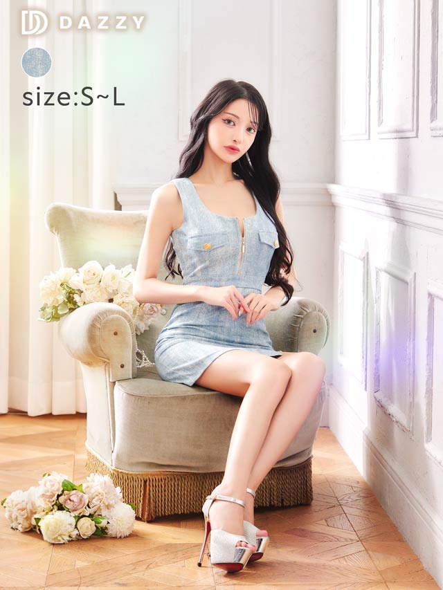 8/1新作!ラインストーンデニムファスナーノースリーブタイトミニドレス[SML/3サイズ展開][伊藤桃々着用]