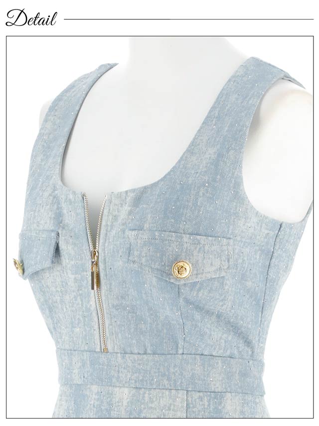 8/1新作!ラインストーンデニムファスナーノースリーブタイトミニドレス[SML/3サイズ展開][伊藤桃々着用]