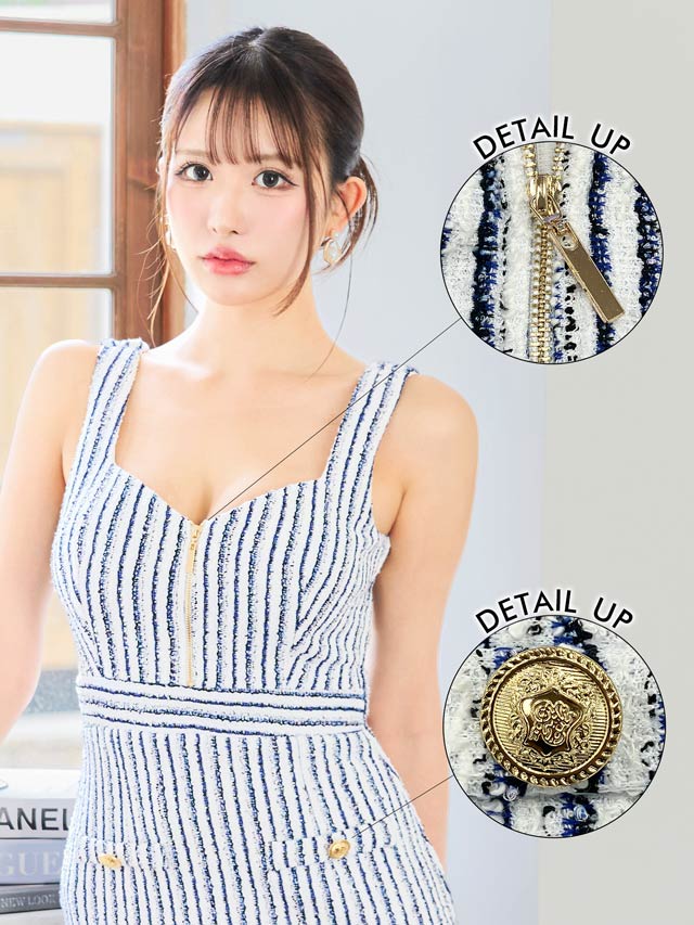 ツイードストライプフロントジップノースリーブタイトミニドレス[SML/3サイズ展開][伊藤桃々着用]