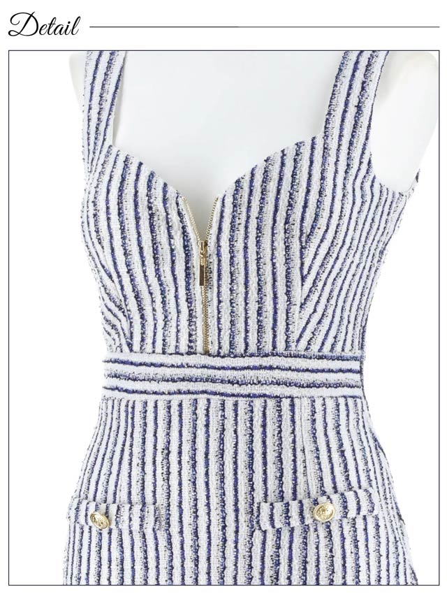 ツイードストライプフロントジップノースリーブタイトミニドレス[SML/3サイズ展開][伊藤桃々着用]