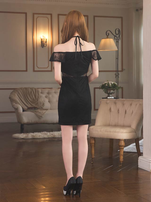 クロスホルターオフショルジップ総レースタイトミニドレス[SML/3サイズ展開]