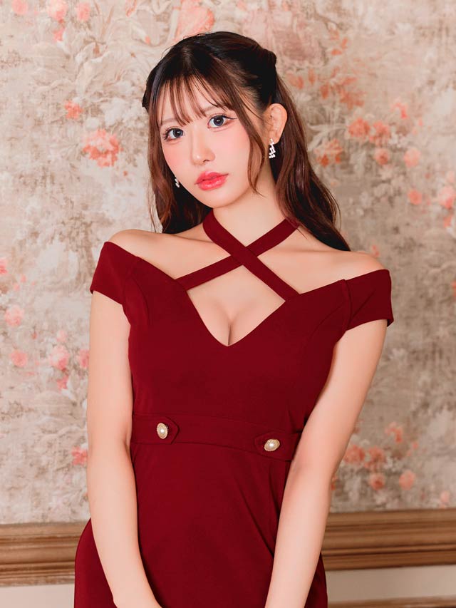 7/11新作!Vネッククロスホルターオフショルマーメイドミニドレス[SML/3サイズ展開][伊藤桃々着用]