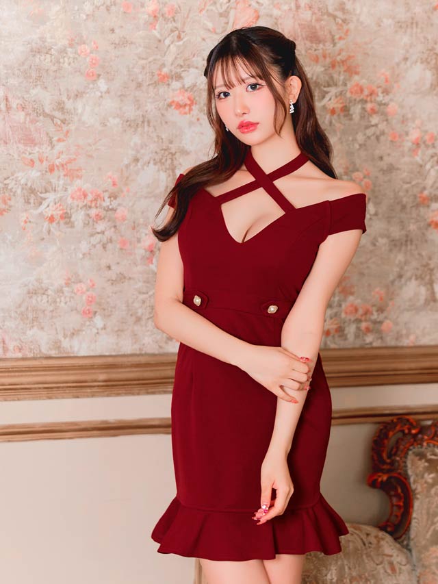7/11新作!Vネッククロスホルターオフショルマーメイドミニドレス[SML/3サイズ展開][伊藤桃々着用]