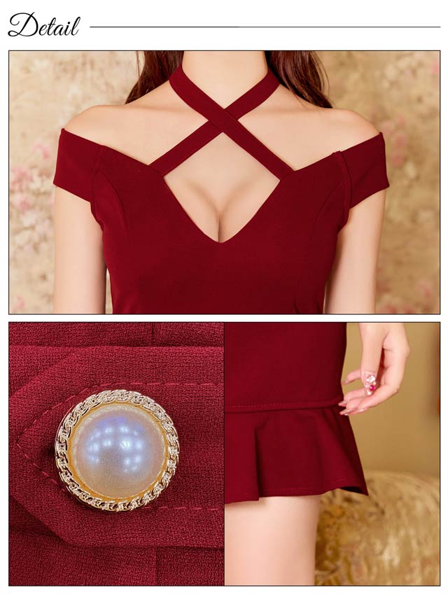 7/11新作!Vネッククロスホルターオフショルマーメイドミニドレス[SML/3サイズ展開][伊藤桃々着用]