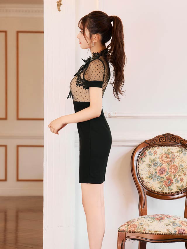 6/11新作!プレミアムレースリボンシアードット半袖タイトミニドレス[SML/3サイズ展開][伊藤桃々着用]