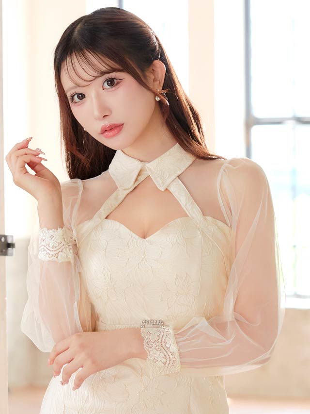 6/18新作!ラメジャガード襟付きホールシアー長袖タイトミニドレス[SML/3サイズ展開][伊藤桃々着用]