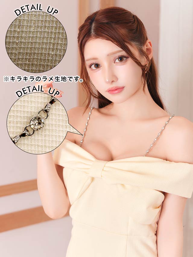 ツイードリボンオフショルチェーンビジューマーメイドミニドレス[SML/3サイズ展開]