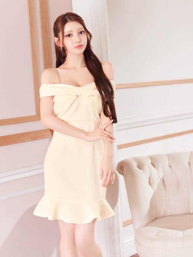 ツイードリボンオフショルチェーンビジューマーメイドミニドレス[SML/3サイズ展開]