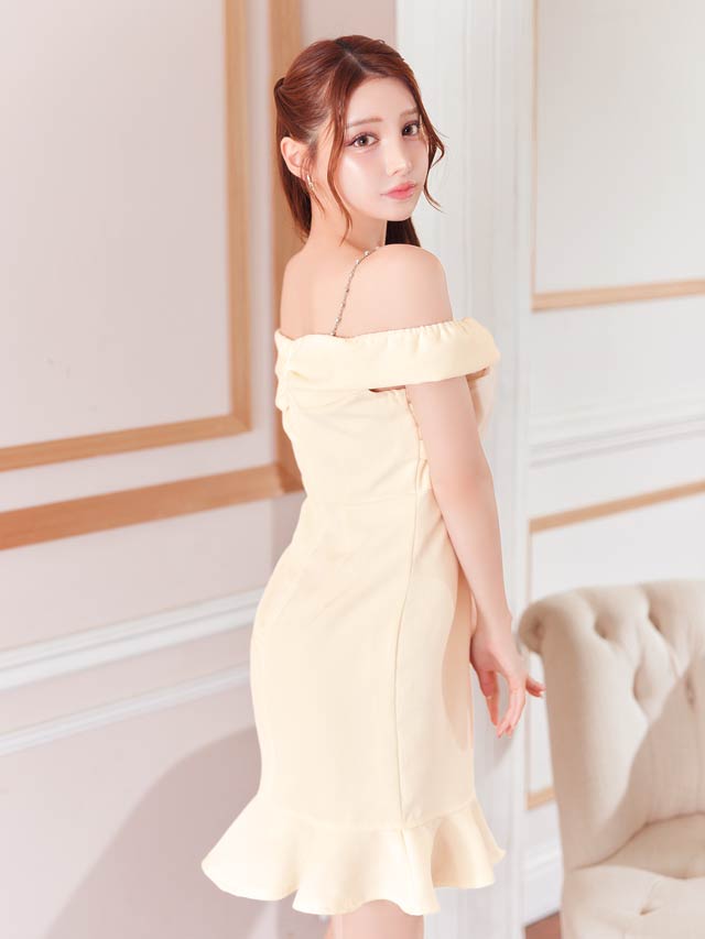 ツイードリボンオフショルチェーンビジューマーメイドミニドレス[SML/3サイズ展開]