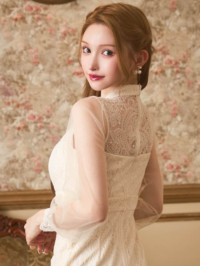 高級レースデコルテカットチュール長袖タイト膝丈ドレス[SML/3サイズ展開]