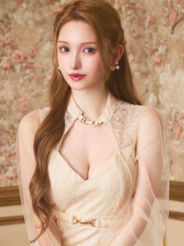 高級レースデコルテカットチュール長袖タイト膝丈ドレス[SML/3サイズ展開]