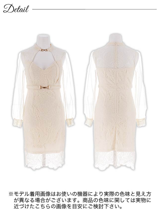 高級レースデコルテカットチュール長袖タイト膝丈ドレス[SML/3サイズ展開]