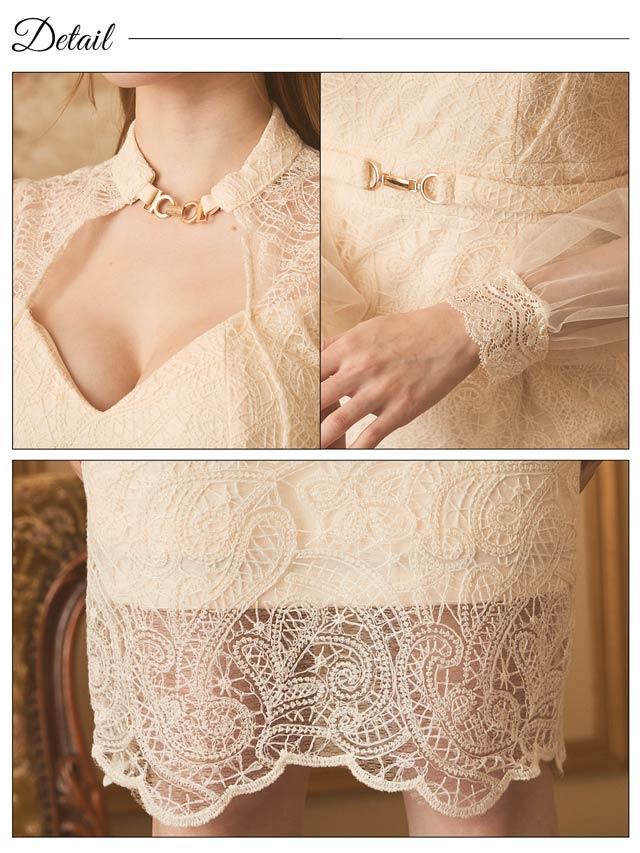 高級レースデコルテカットチュール長袖タイト膝丈ドレス[SML/3サイズ展開]