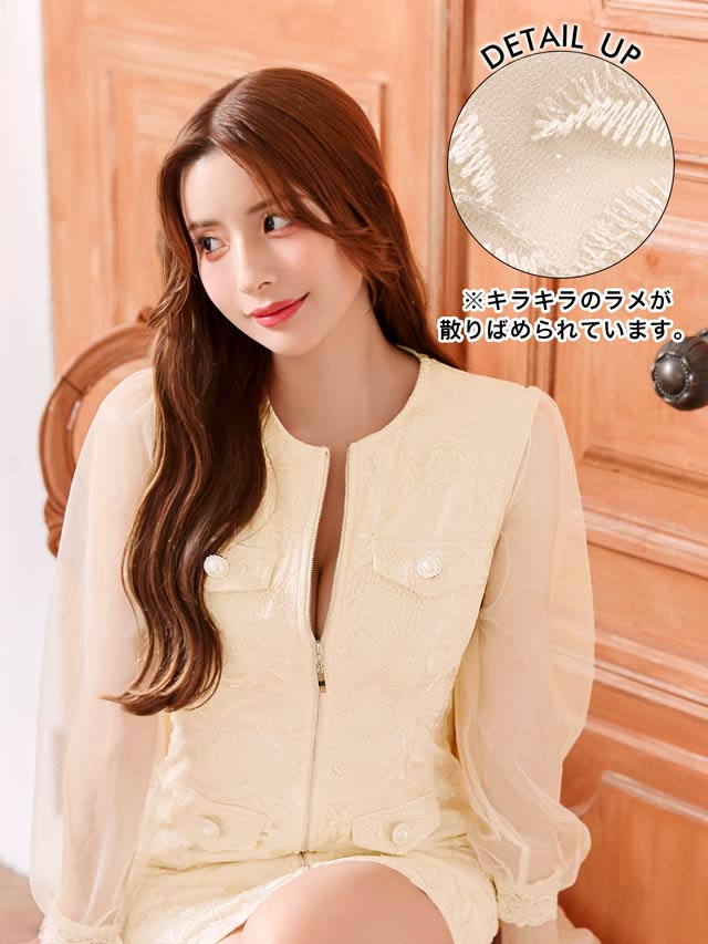 7/30新作!ラメフラワー刺繍フロントジップシアー長袖タイトミニドレス[SML/3サイズ展開]