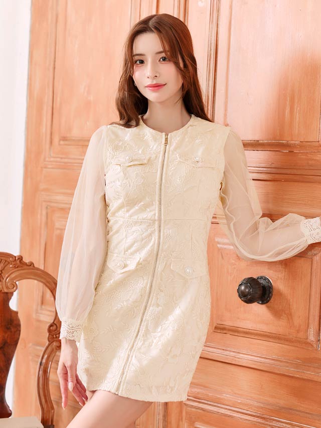 7/30新作!ラメフラワー刺繍フロントジップシアー長袖タイトミニドレス[SML/3サイズ展開]