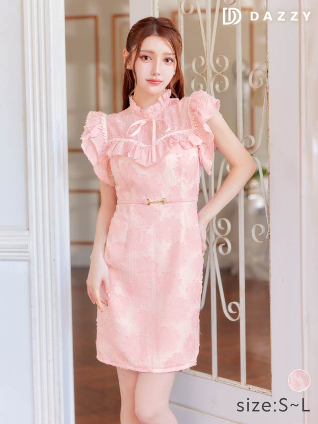 7/25新作!フラワーオーガンジービジューリボンフリル袖タイトミニドレス[SML/3サイズ展開]