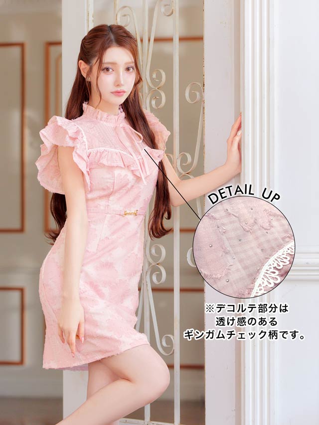 7/25新作!フラワーオーガンジービジューリボンフリル袖タイトミニドレス[SML/3サイズ展開]