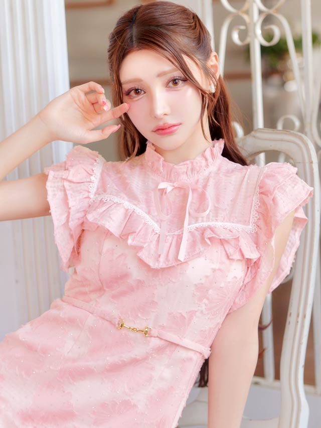 7/25新作!フラワーオーガンジービジューリボンフリル袖タイトミニドレス[SML/3サイズ展開]