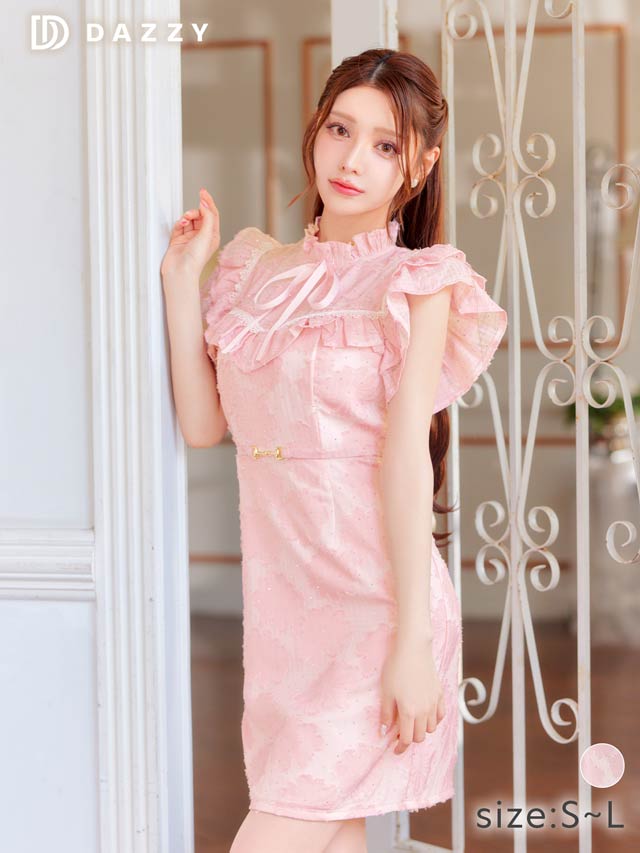 7/25新作!フラワーオーガンジービジューリボンフリル袖タイトミニドレス[SML/3サイズ展開]