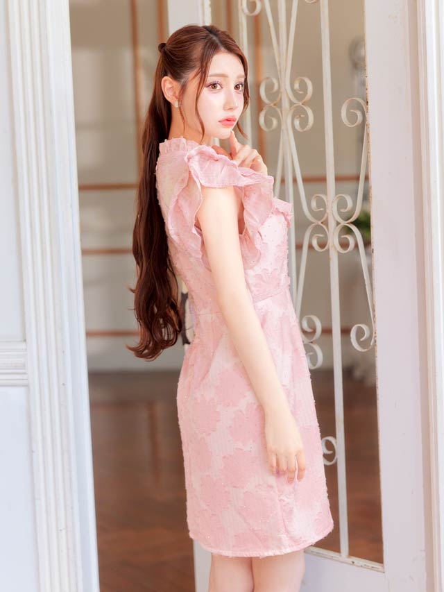 7/25新作!フラワーオーガンジービジューリボンフリル袖タイトミニドレス[SML/3サイズ展開]