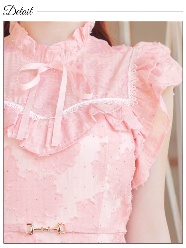 7/25新作!フラワーオーガンジービジューリボンフリル袖タイトミニドレス[SML/3サイズ展開]