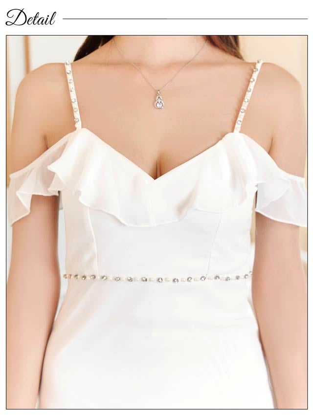 7/30新作!ジョーゼットビジューオフショルフリルタイトミニドレス[SML/3サイズ展開][伊藤桃々着用]