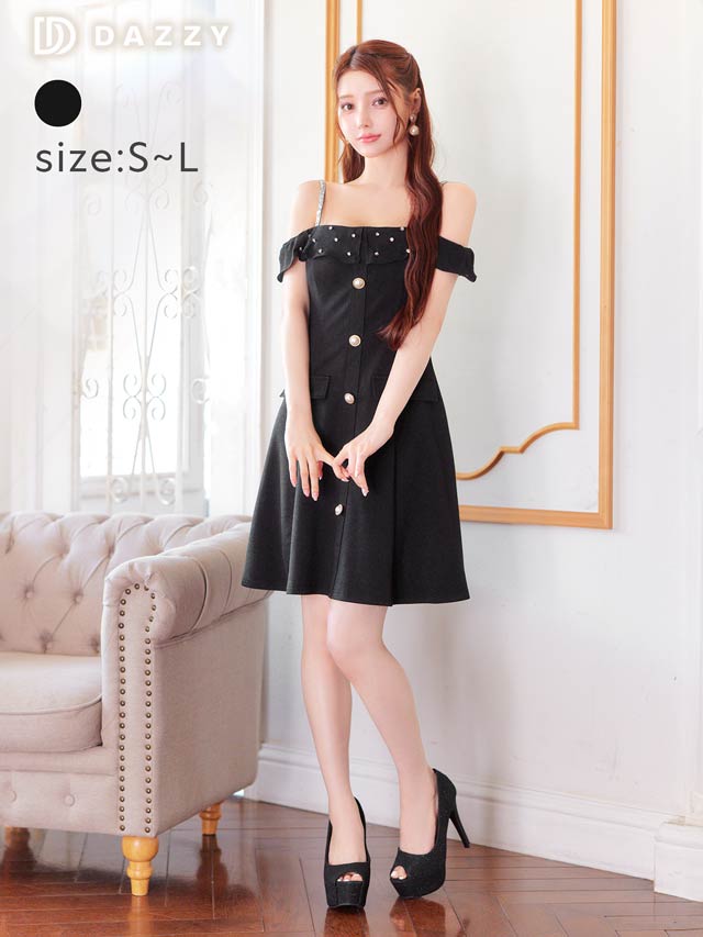 7/25新作!ラインストーンシアーフリルオフショルAラインミニドレス[SML/3サイズ展開]