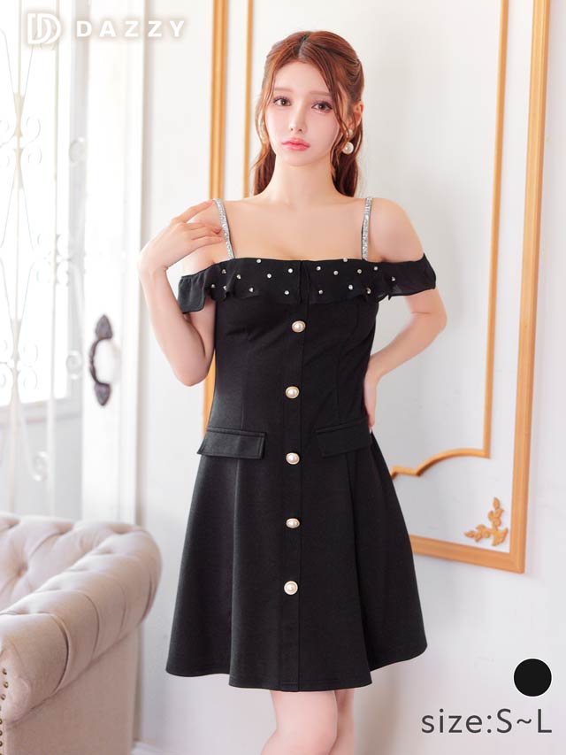 7/25新作!ラインストーンシアーフリルオフショルAラインミニドレス[SML/3サイズ展開]