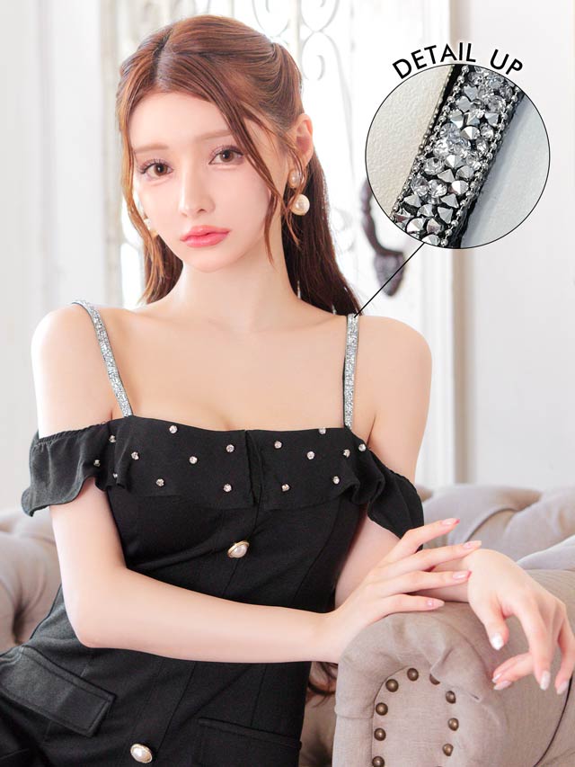 7/25新作!ラインストーンシアーフリルオフショルAラインミニドレス[SML/3サイズ展開]