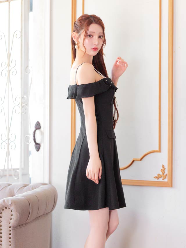 7/25新作!ラインストーンシアーフリルオフショルAラインミニドレス[SML/3サイズ展開]