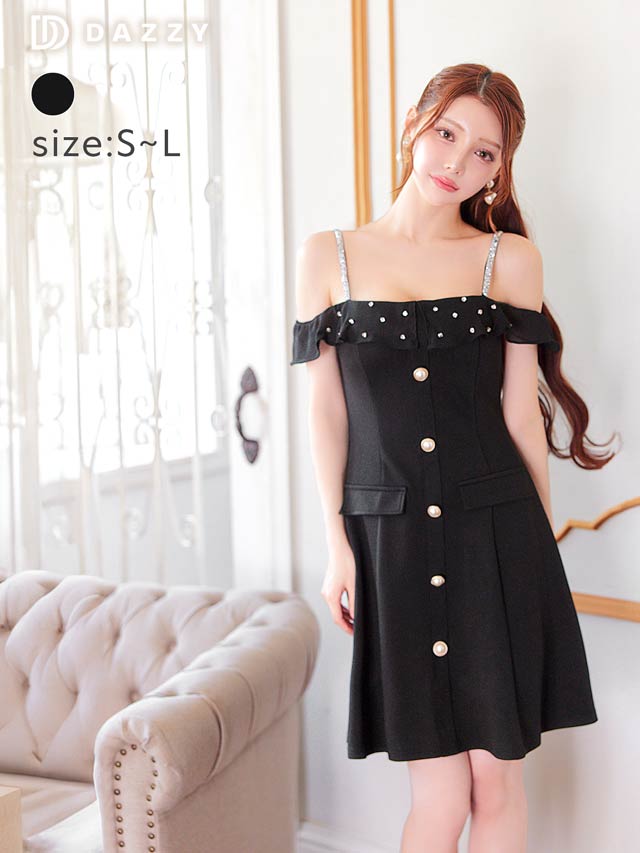 7/25新作!ラインストーンシアーフリルオフショルAラインミニドレス[SML/3サイズ展開]