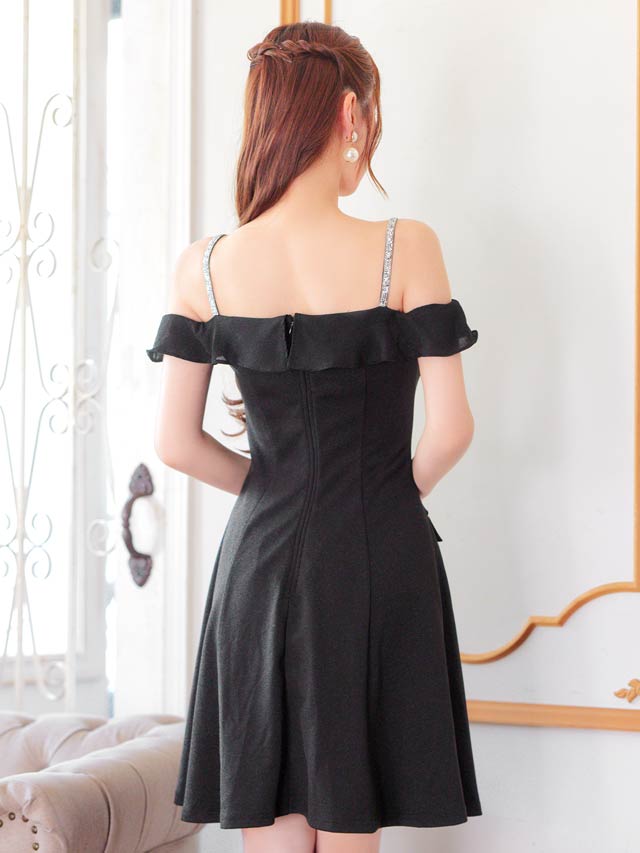 7/25新作!ラインストーンシアーフリルオフショルAラインミニドレス[SML/3サイズ展開]