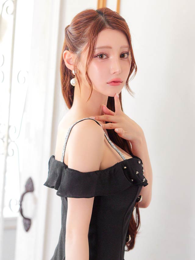 7/25新作!ラインストーンシアーフリルオフショルAラインミニドレス[SML/3サイズ展開]