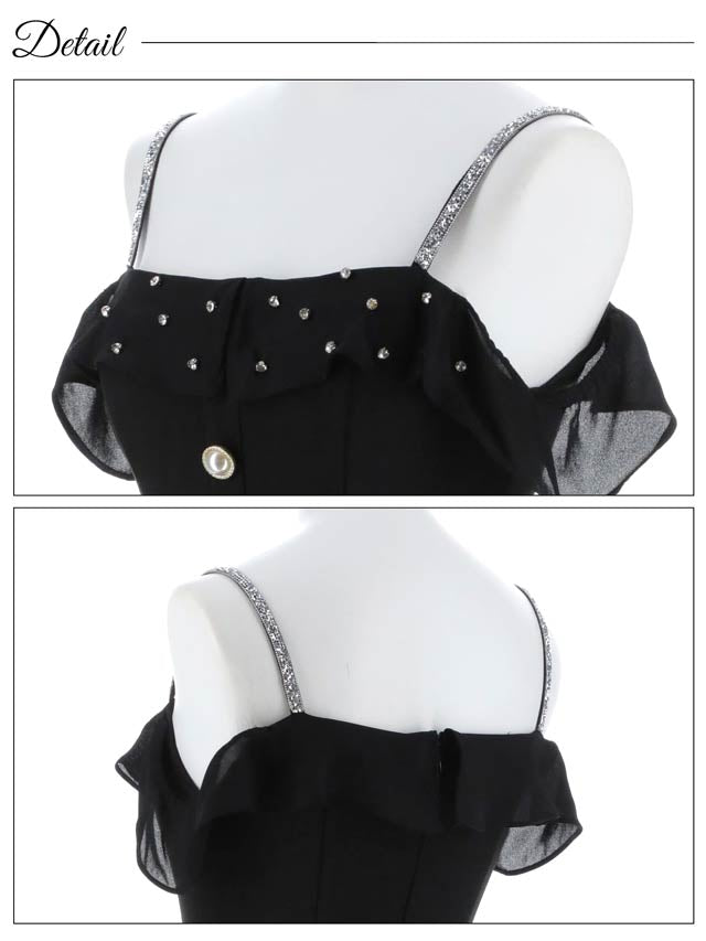 7/25新作!ラインストーンシアーフリルオフショルAラインミニドレス[SML/3サイズ展開]