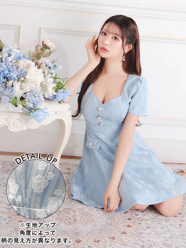 ジャガードローズパールビジュー半袖Aラインミニドレス[SML/3サイズ展開][伊藤桃々着用]